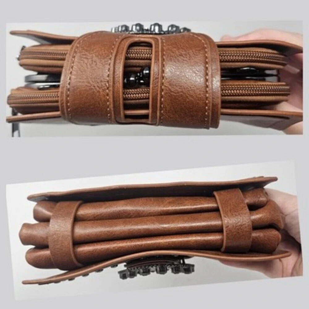 Women's Brown Stud Rhinestones Western Boho Chain Crossbody Wallet Faux Leather